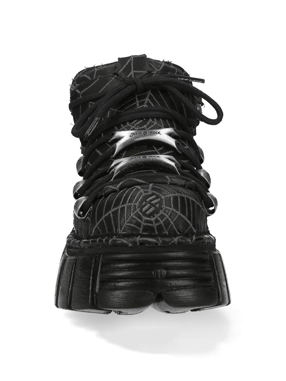 NEW ROCK Women's Black Platform Shoes with Gray Spiderweb - bold cyberpunk style with spiderweb design and silver hardware.