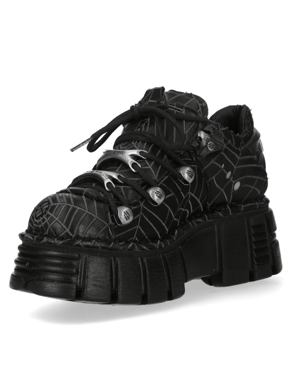 NEW ROCK Women's Black Platform Shoes with Gray Spiderweb side view showcasing the bold chunky design and web pattern.