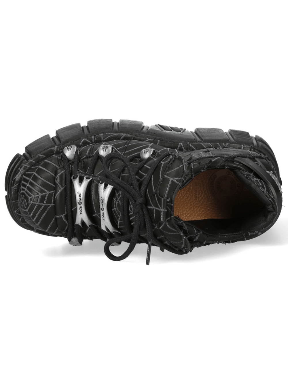NEW ROCK Women's Black Platform Shoes with Gray Spiderweb from above, showcasing spiderweb design and metal hardware.
