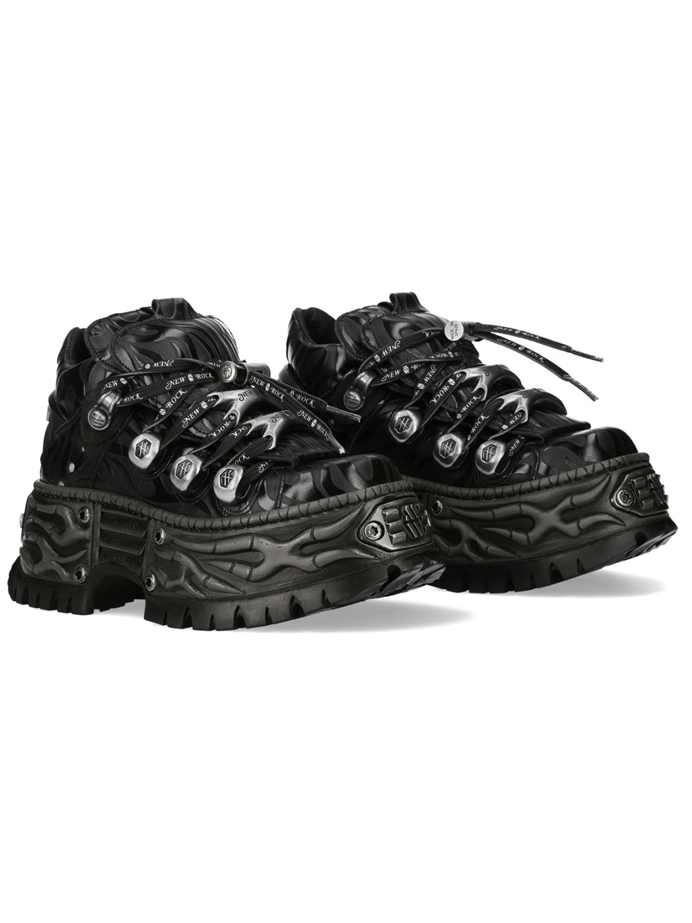 NEW ROCK Women's Black Platform Shoes with Metal Hardware featuring sculpted sole and bold metallic details.