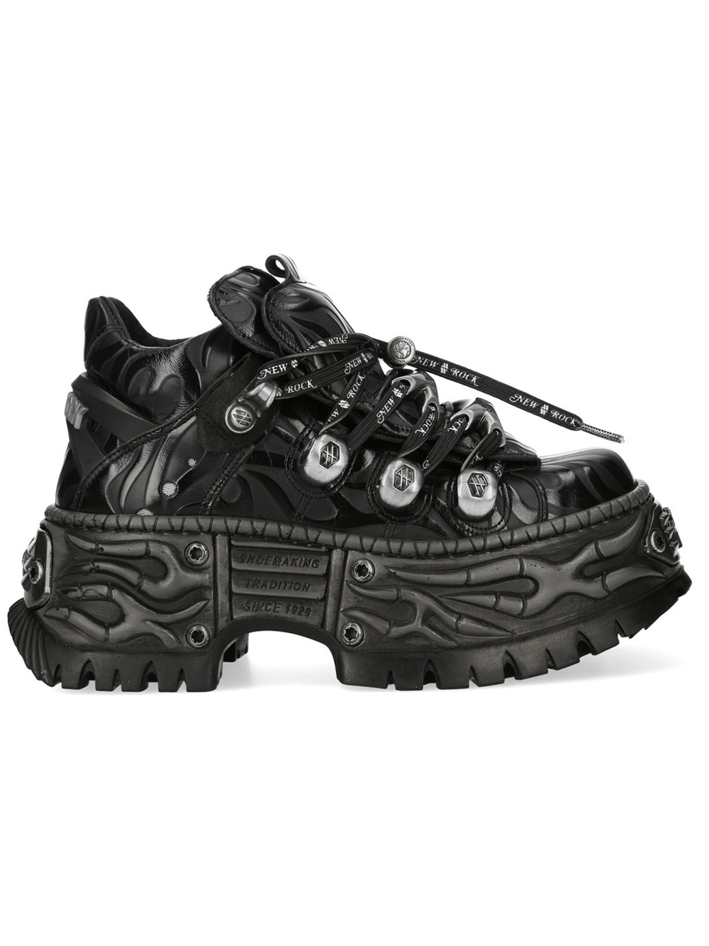 NEW ROCK Women's Black Platform Shoes with Metal Hardware featuring sculpted sole and bold detailing.