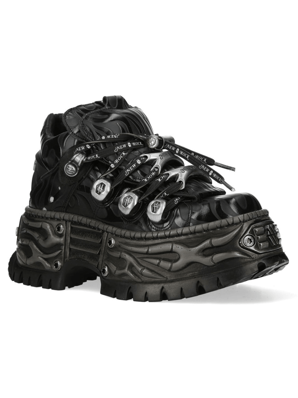 NEW ROCK Women's Black Platform Shoes with Metal Hardware, featuring bold metal accents and sculpted industrial sole.