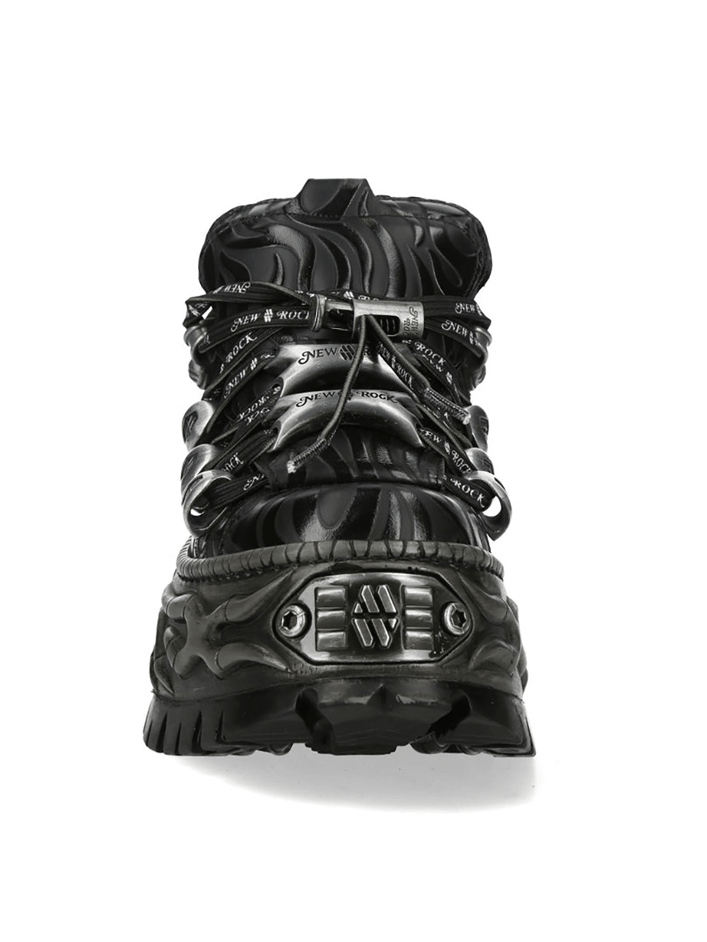 NEW ROCK Women's Black Platform Shoes with Metal Hardware showcasing bold design and sculpted sole.