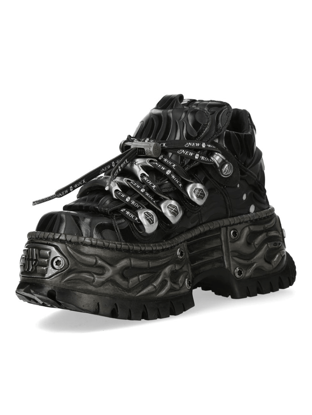 NEW ROCK Women's Black Platform Shoes with Metal Hardware showcasing bold design and sculpted sole.