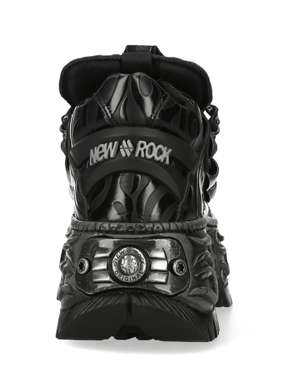 NEW ROCK Women's Black Platform Shoes with Metal Hardware featuring bold flames and striking metal accents.