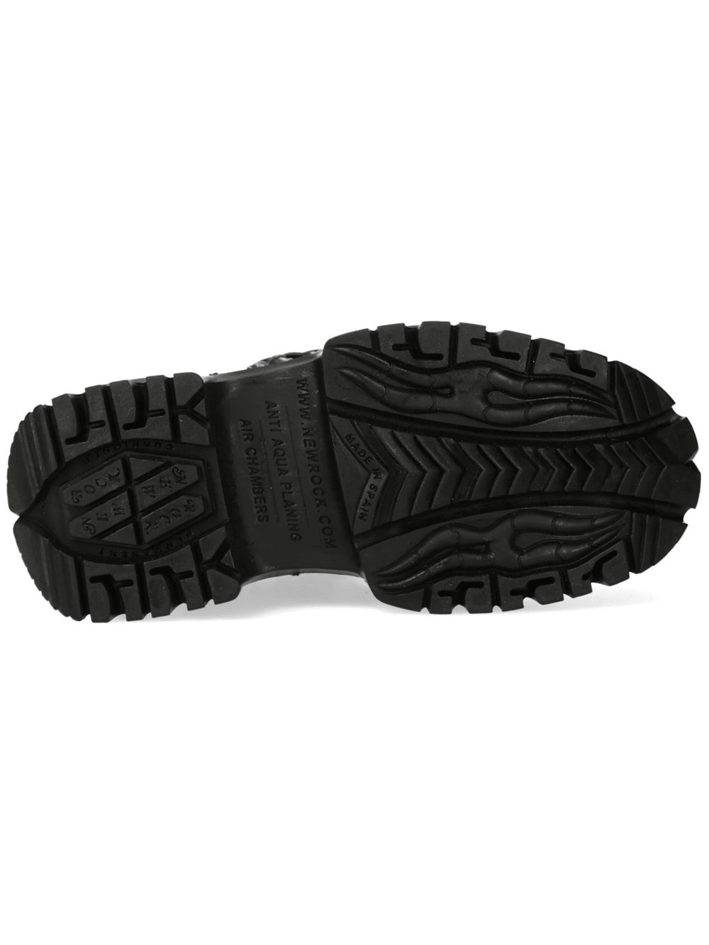 NEW ROCK Women's Black Platform Shoes with Metal Hardware sole view showcasing bold design and rugged traction.