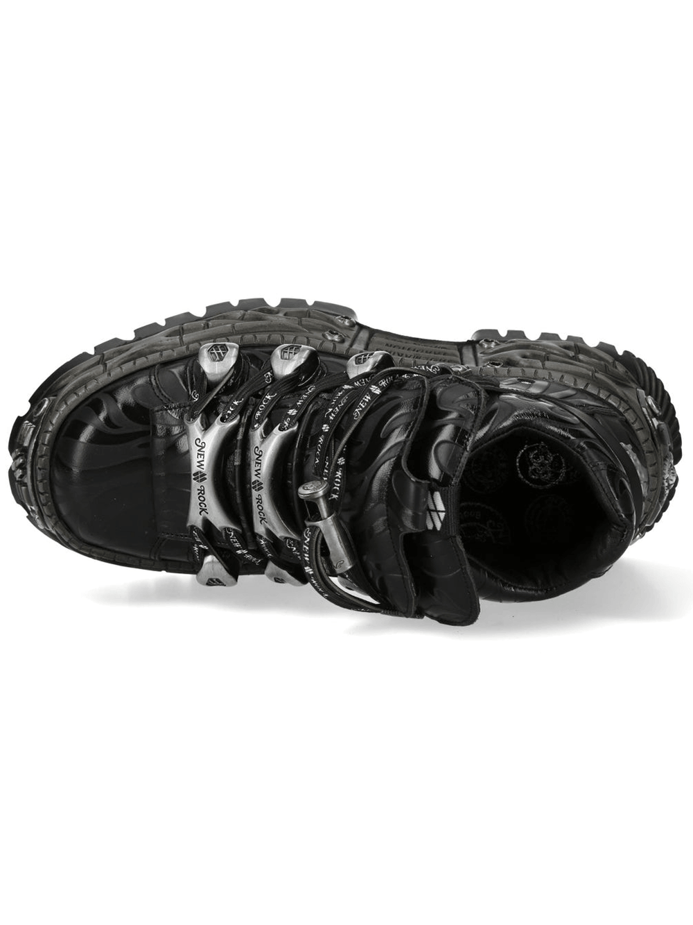 NEW ROCK Women's Black Platform Shoes with Metal Hardware, showcasing unique lace-up design and industrial sculpted sole.