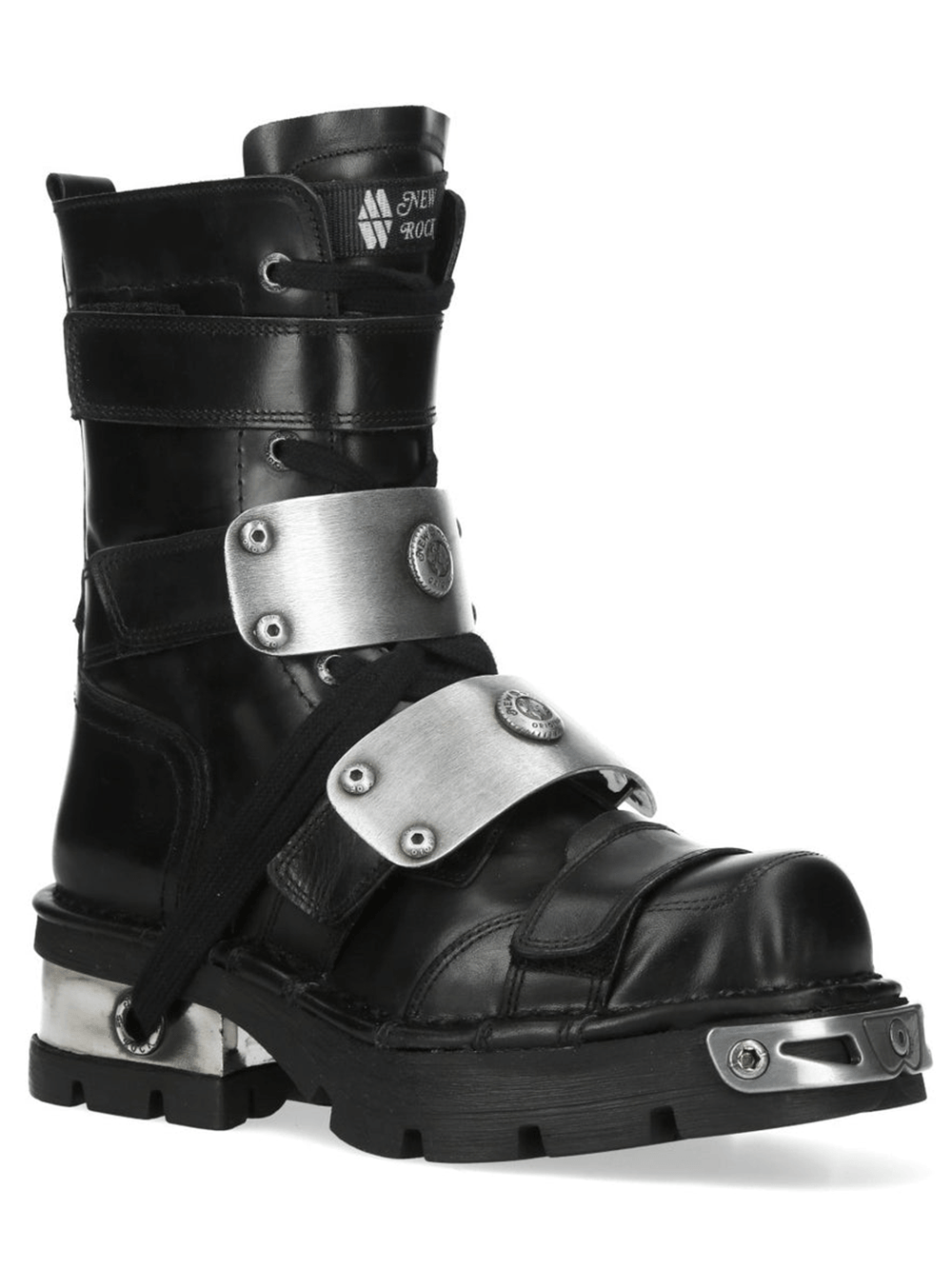 NEW ROCK Women's Black Rock Boots With Velcro Straps featuring metal guards and strapwork for gothic style.