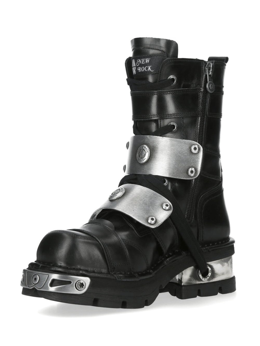 NEW ROCK Women's Black Rock Boots With Velcro Straps featuring metallic accents and gothic design.