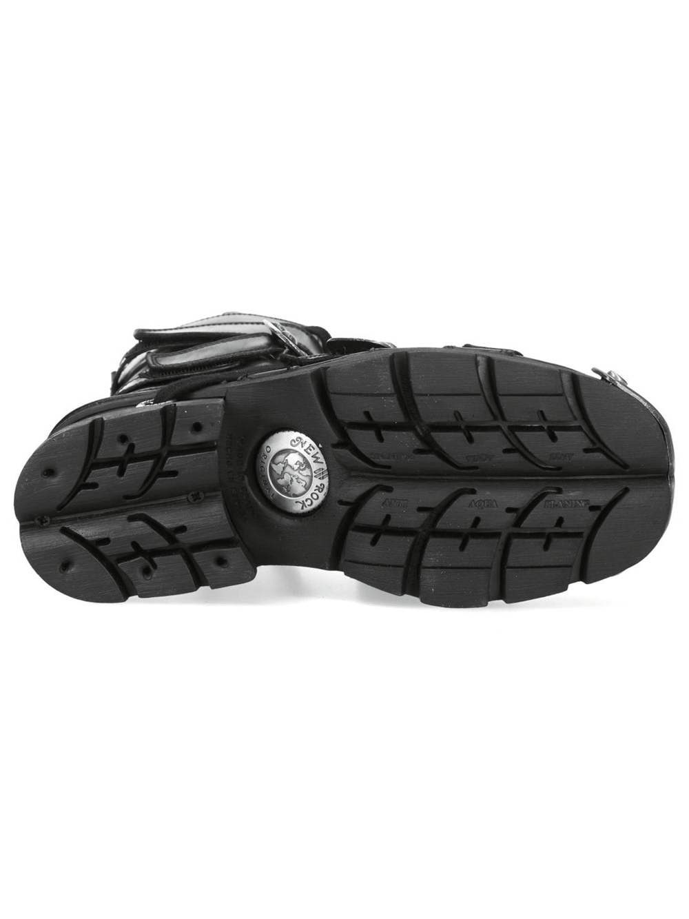 NEW ROCK Women's Black Rock Boots With Velcro Straps sole view showcasing rugged tread and silver-tone accents.