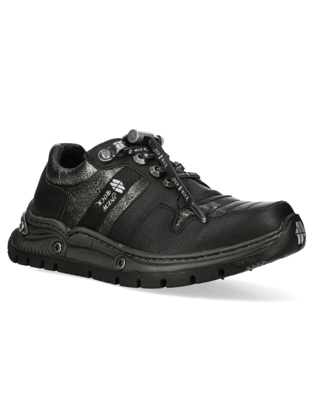 NEW ROCK Women's Black Shoes with Silver Metal Accents - Stylish low-top design with edgy metallic details.