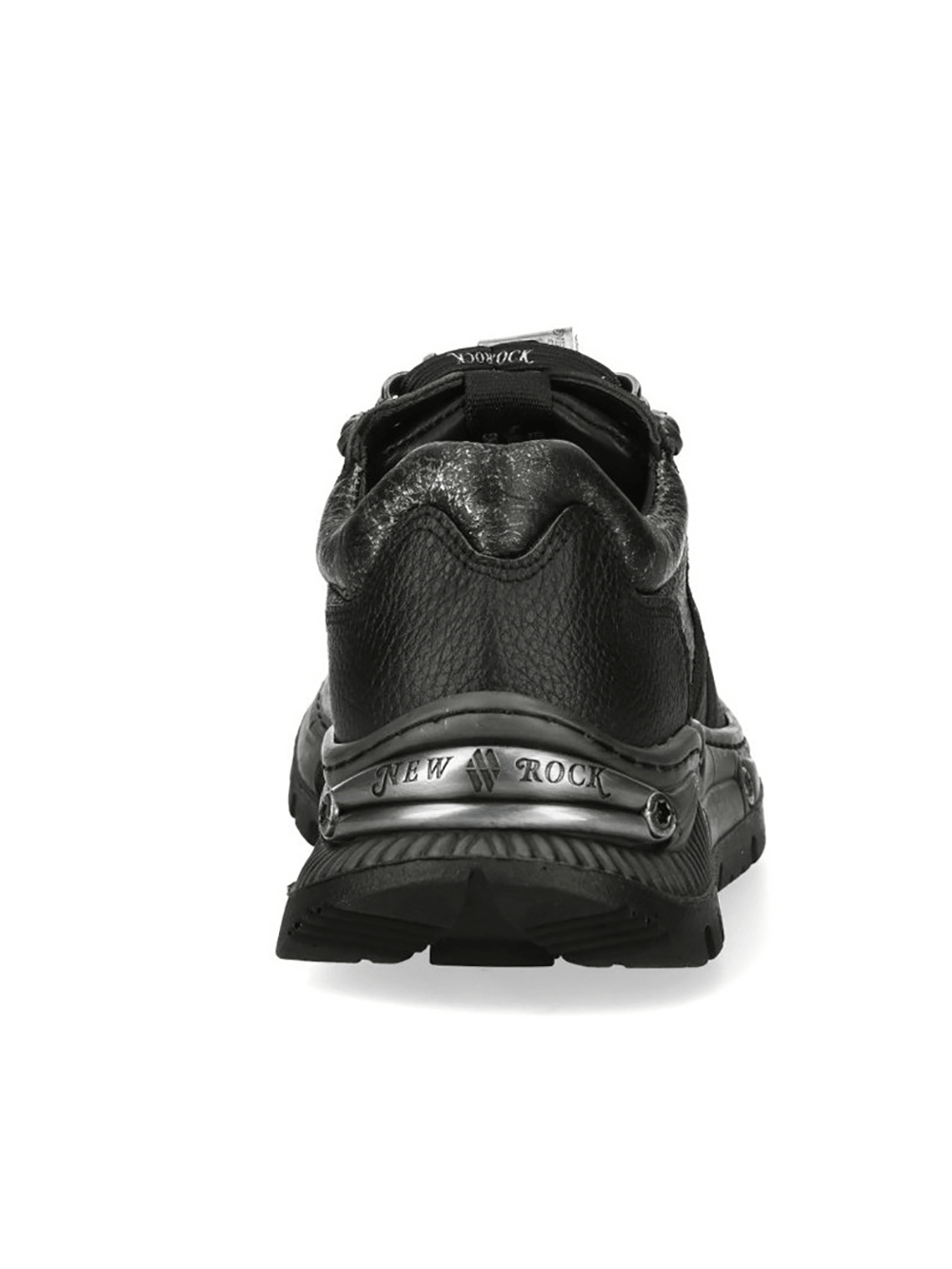 NEW ROCK Women's Black Shoes with Silver Metal Accents featuring a sleek low-top design and metallic details.