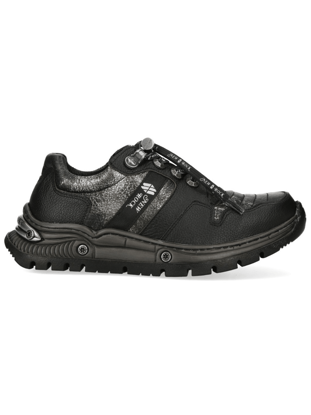 NEW ROCK Women's Black Shoes with Silver Metal Accents featuring edgy design and sleek silhouette.