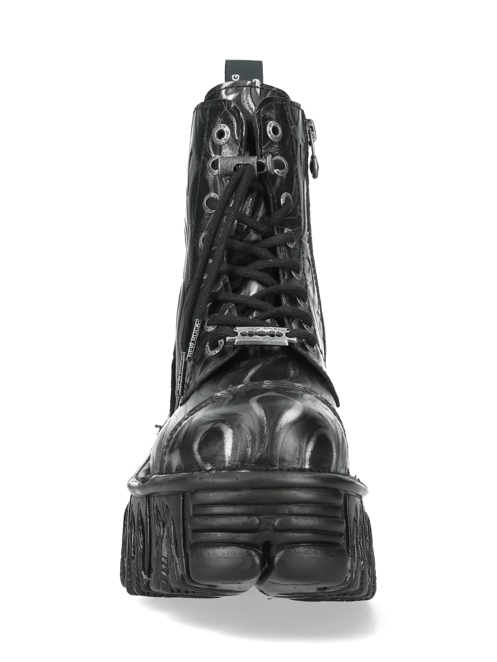 NEW ROCK Women's Black Silver Flame Boots with Lace Up Front featuring a distinctive design and chunky sole.