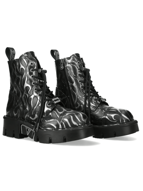 NEW ROCK Damen-Schwarz-Silber-Flammenstiefel mit Schnürsenkeln