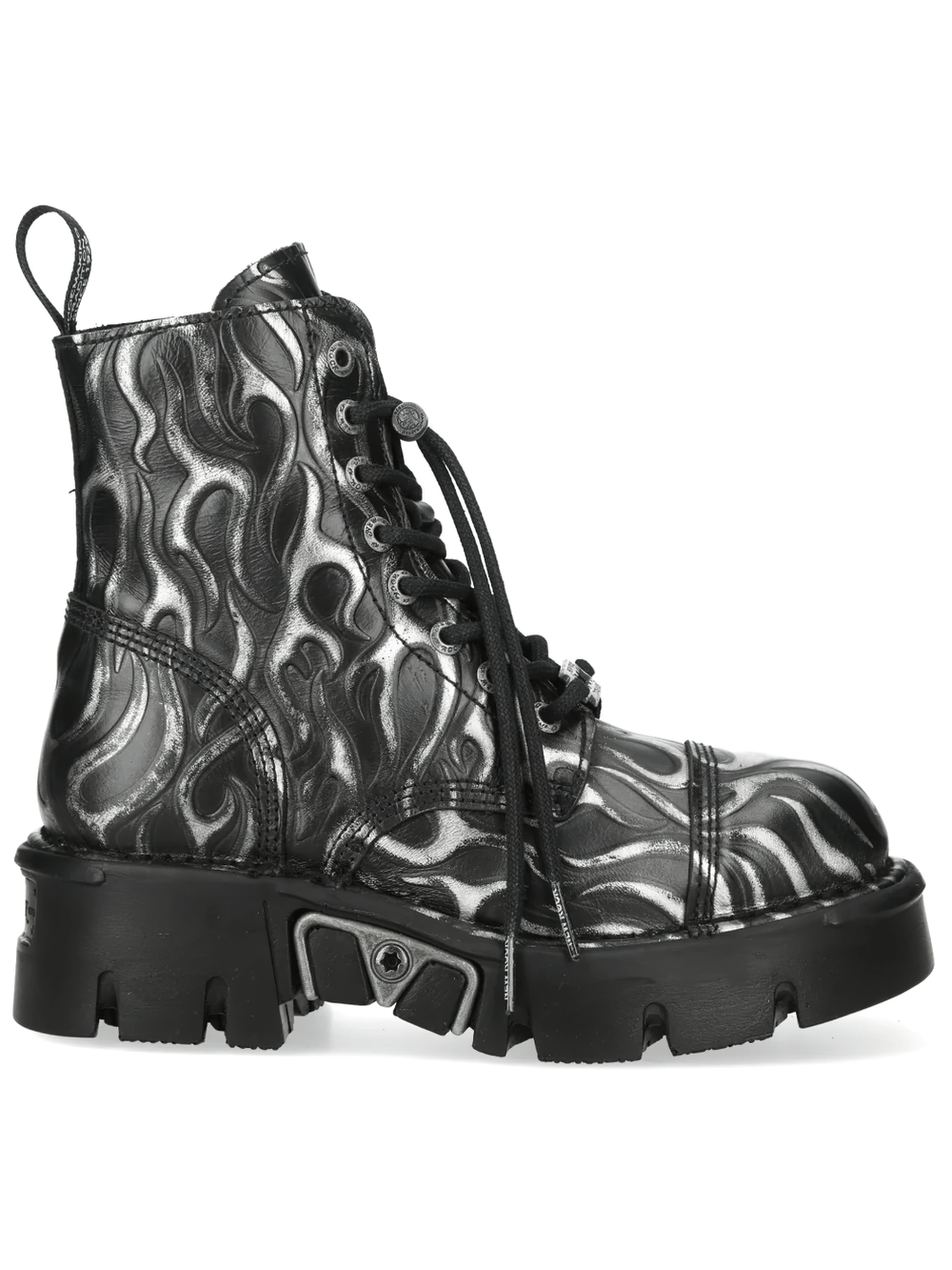 NEW ROCK Women's Black Silver Flame Boots with Laces, punk combat boots with lace-up design and side zip.