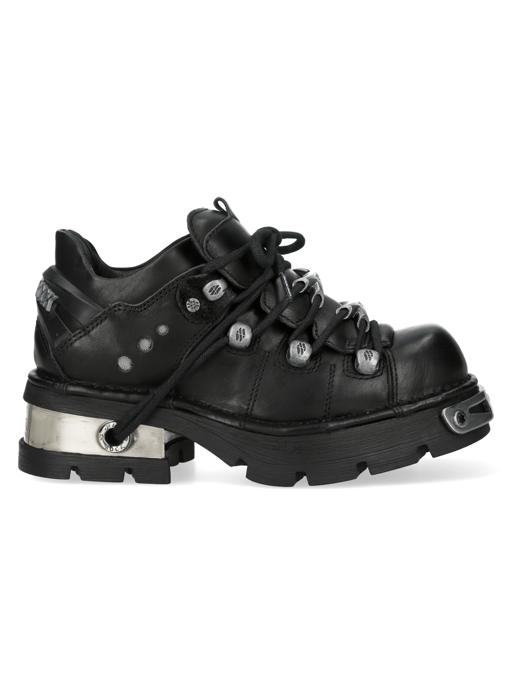NEW ROCK Women's Black Urban Ankle Boots with Lug Sole side view showcasing metal trim and chunky lug sole.