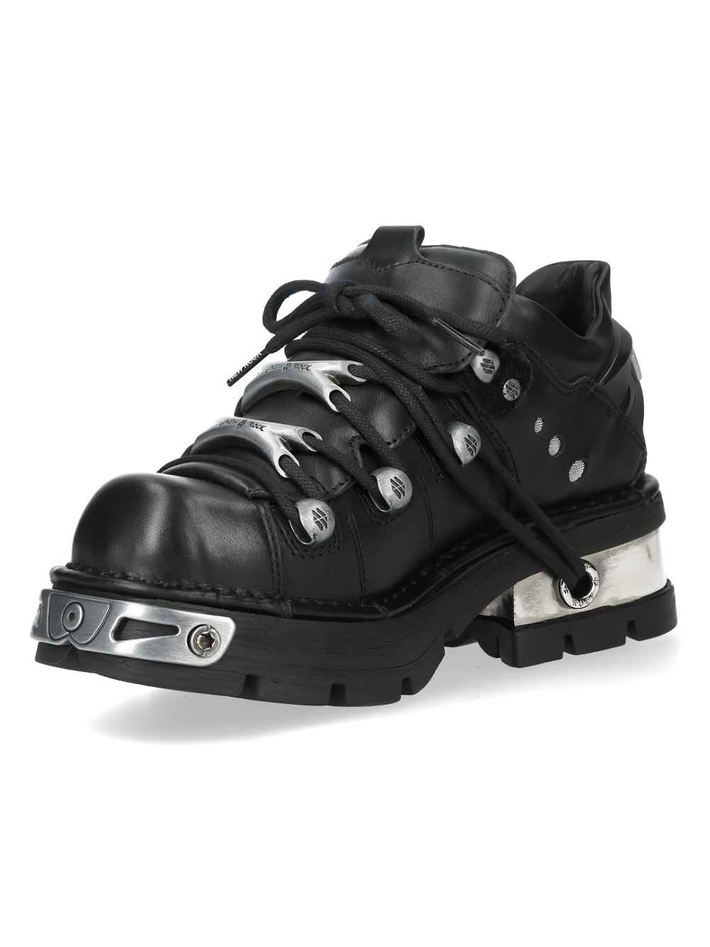 NEW ROCK Women's Black Urban Ankle Boots with Lug Sole featuring industrial lace-up design and chunky lug sole.