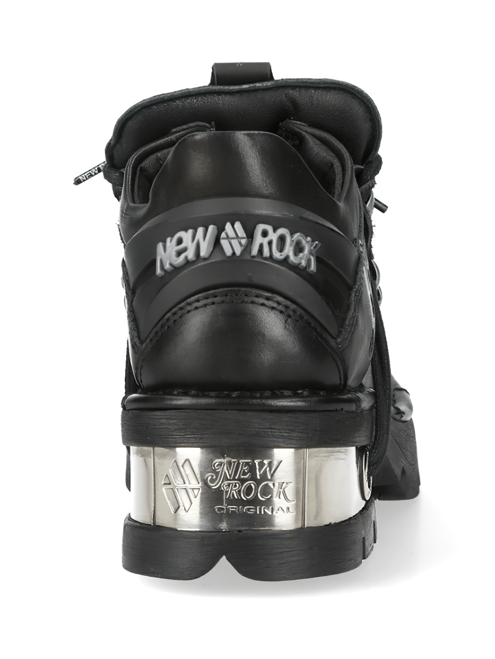 NEW ROCK Women's Black Urban Ankle Boots with Lug Sole - Back view showcasing metal trim and chunky heel.