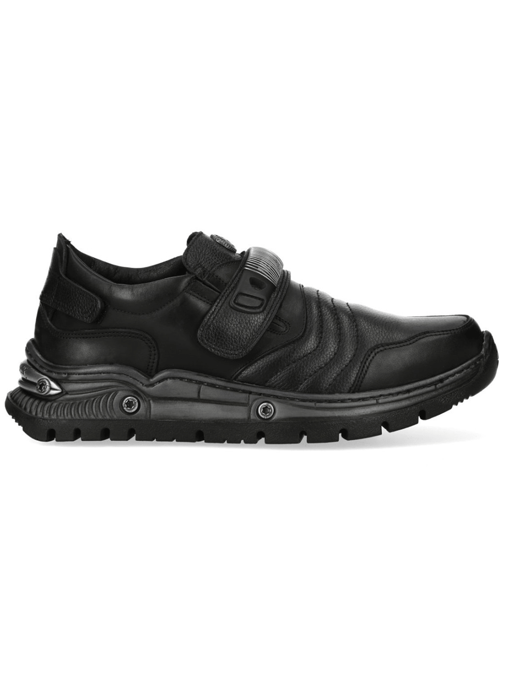 NEW ROCK Women's Black Velcro Rock Shoes with Metal Details side view with sleek design and industrial features.