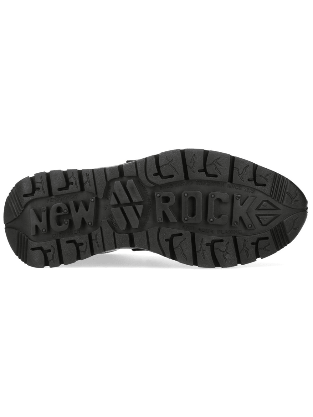 NEW ROCK Women's Black Velcro Rock Shoes with Metal Details sole view showcasing traction and design.