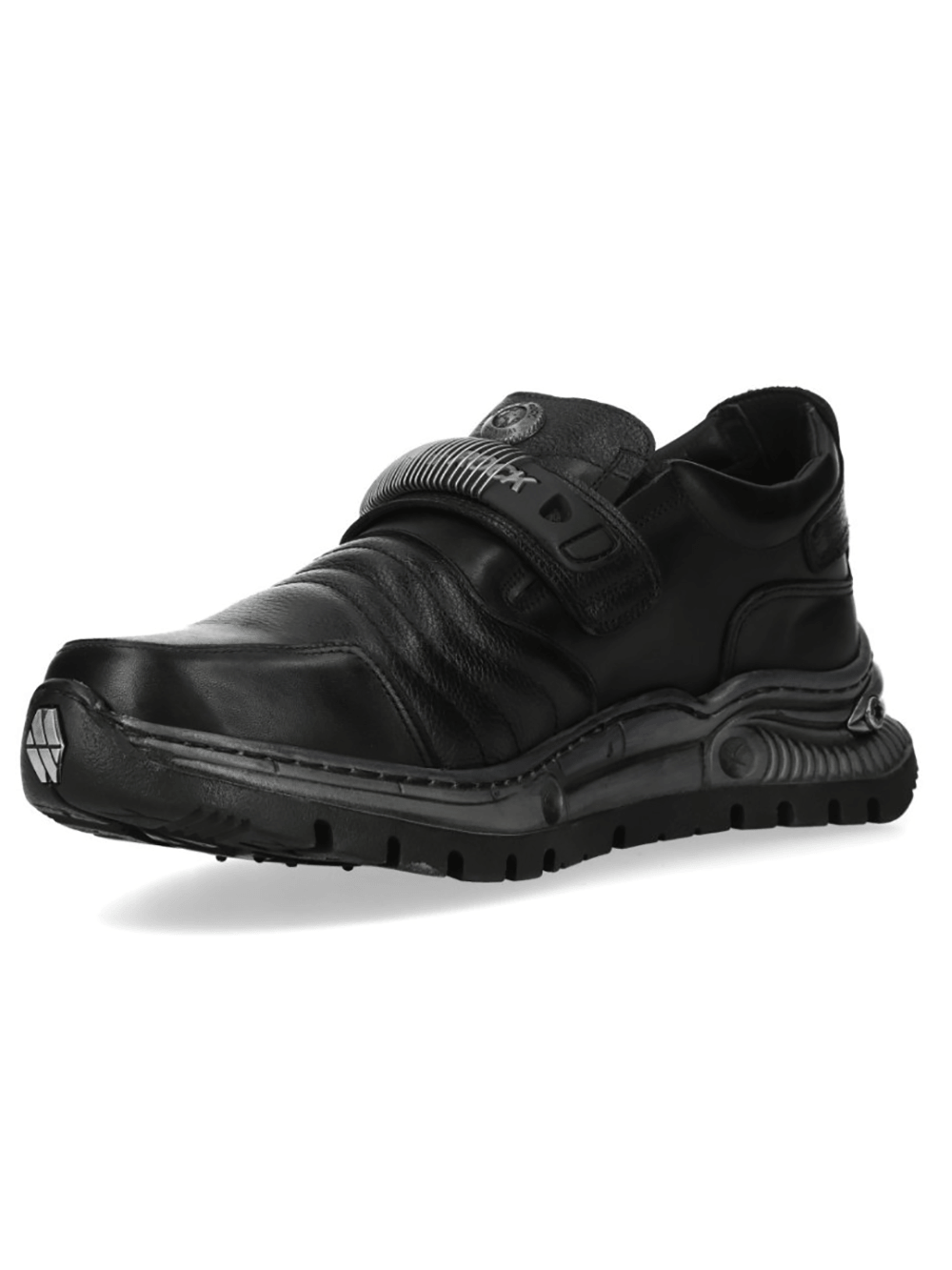 NEW ROCK Women's Black Velcro Rock Shoes with Metal Details - stylish black slip-on shoes showcasing metal accents.