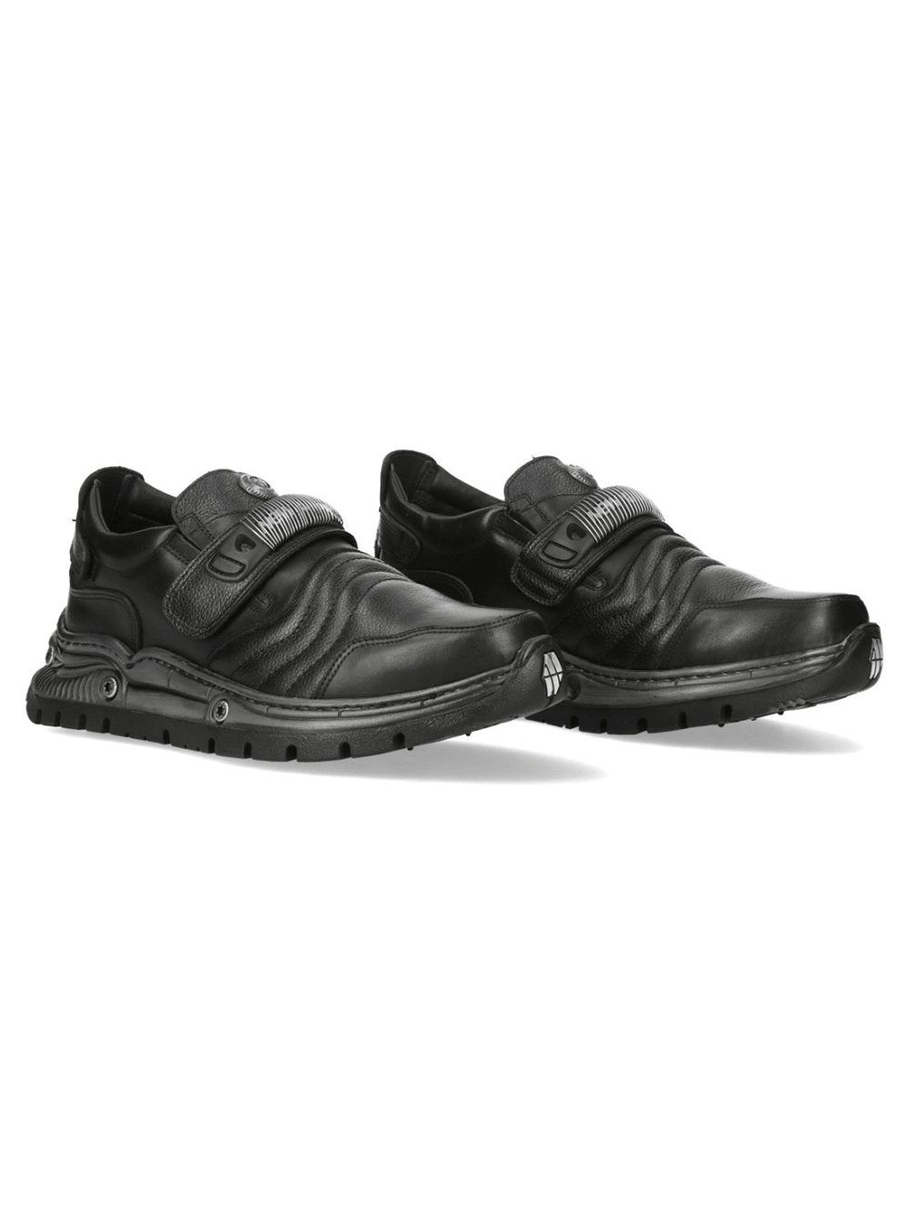 NEW ROCK Women's Black Velcro Rock Shoes with Metal Details featuring sleek design and industrial charm.
