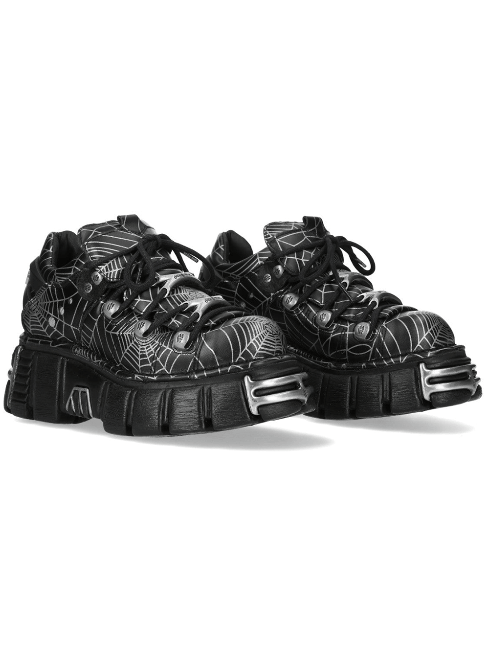 NEW ROCK Women's Black Web Print Gothic Platform Shoes featuring spiderweb graphics and chunky sole.