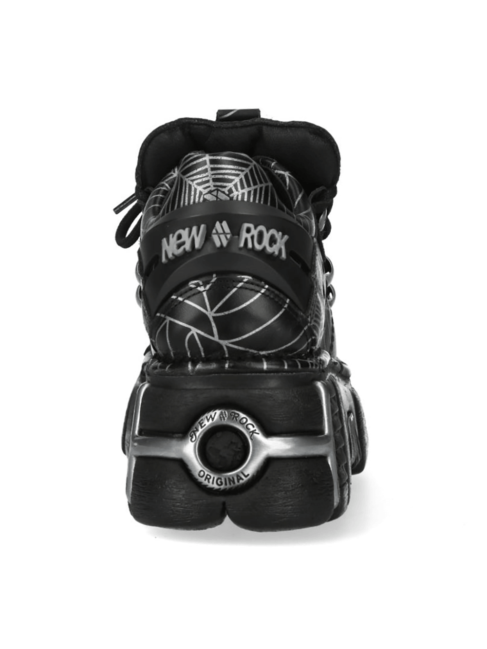 NEW ROCK Women's Black Web Print Gothic Platform Shoes rear view showcasing spiderweb design and chunky sole.