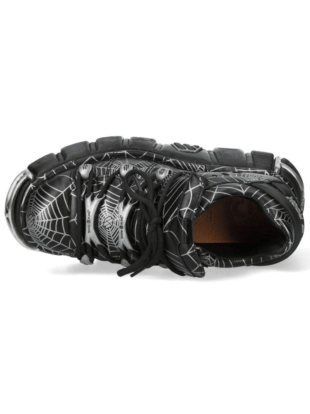 NEW ROCK Women's Black Web Print Gothic Platform Shoes top view showcasing spiderweb graphics and chunky sole.