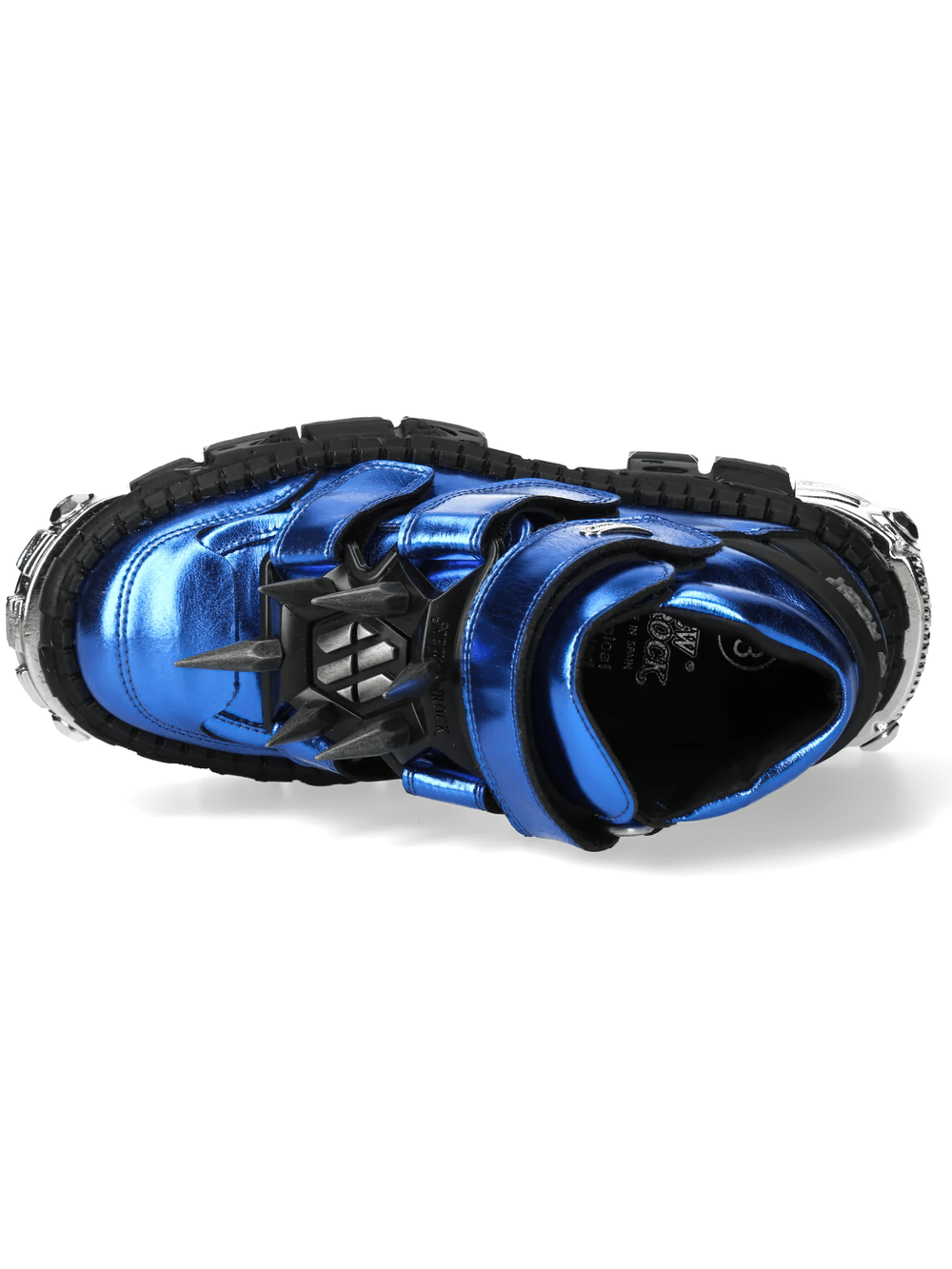NEW ROCK Women's Blue Cyberpunk Shoes with Velcro and Spikes featuring metallic blue finish and spiked toe harness.