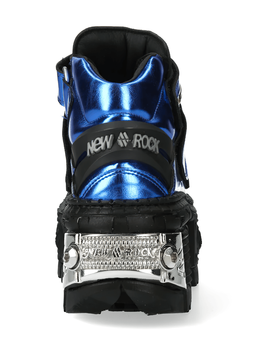 NEW ROCK Women's Blue Cyberpunk Shoes with Velcro and Spikes metallic blue back view with spikes and silver accents
