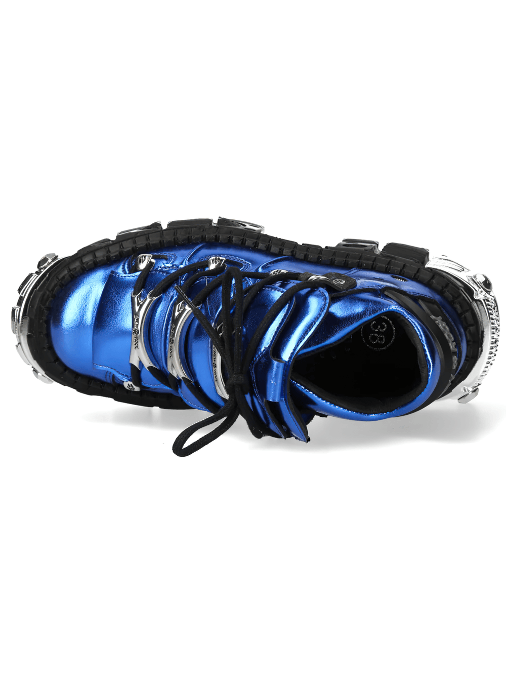 NEW ROCK Women's Blue Gothic Shoes with Metallic Side Armour top view with shiny blue finish and black laces.