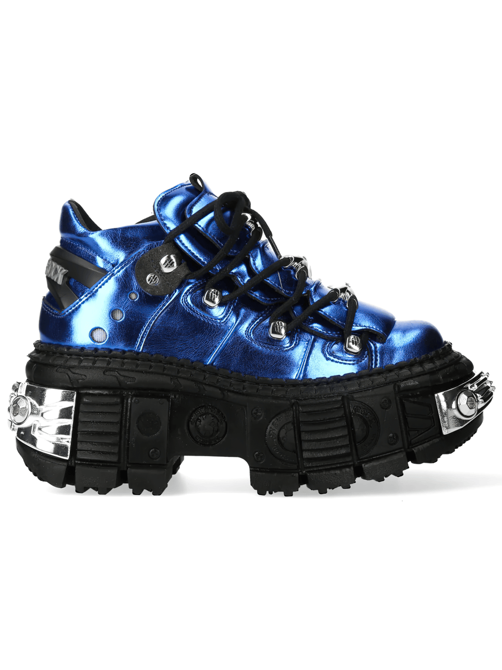 NEW ROCK Women's Blue Gothic Shoes with Metallic Side Armour in glossy electric blue with bold platform sole.