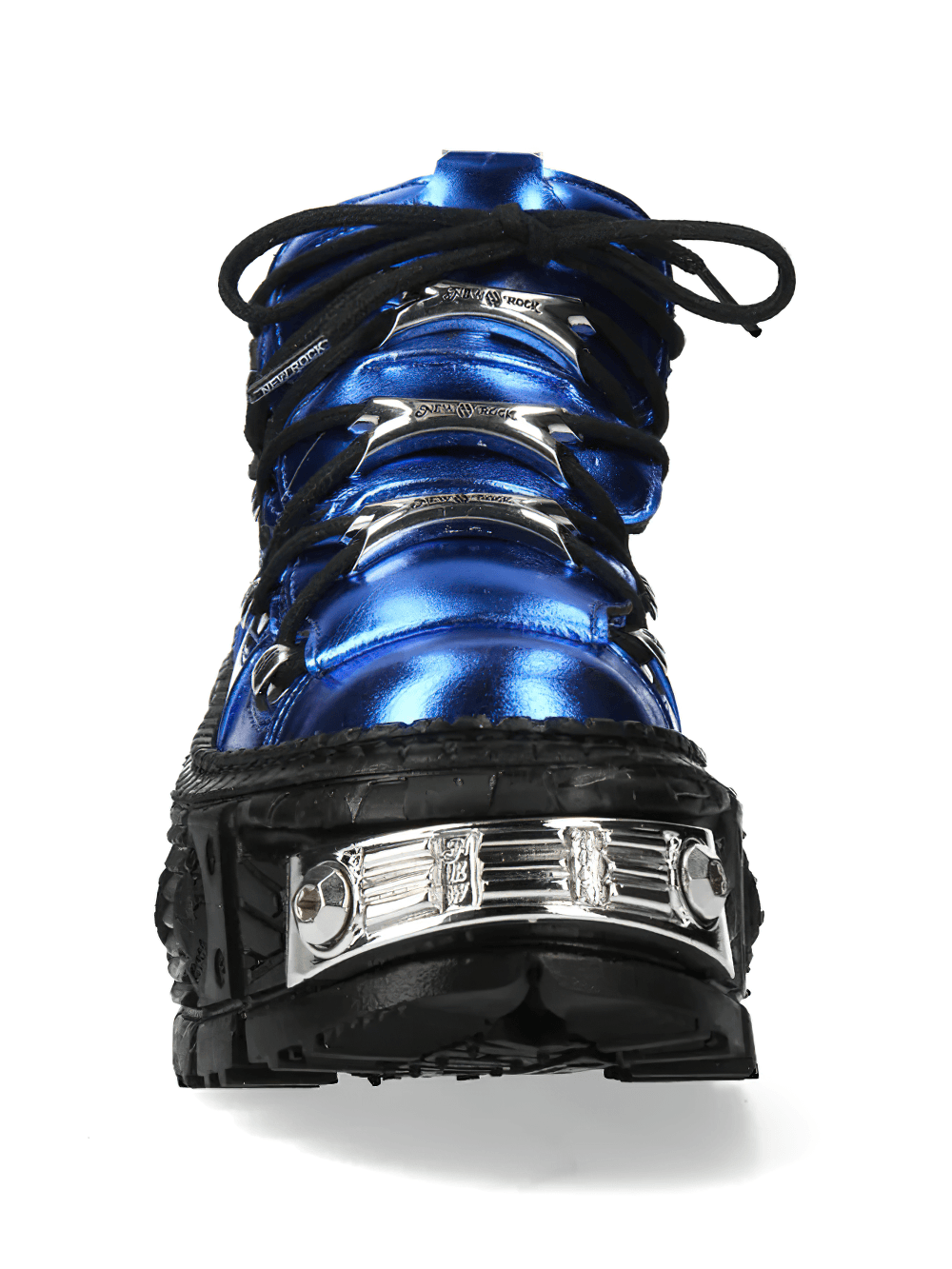 NEW ROCK Women's Blue Gothic Shoes with Metallic Side Armour showcasing a shiny electric blue finish and bold platform design.