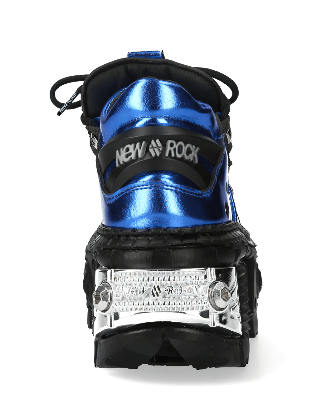 NEW ROCK Women's Blue Gothic Shoes with Metallic Side Armour showcased from the back with glossy blue finish.