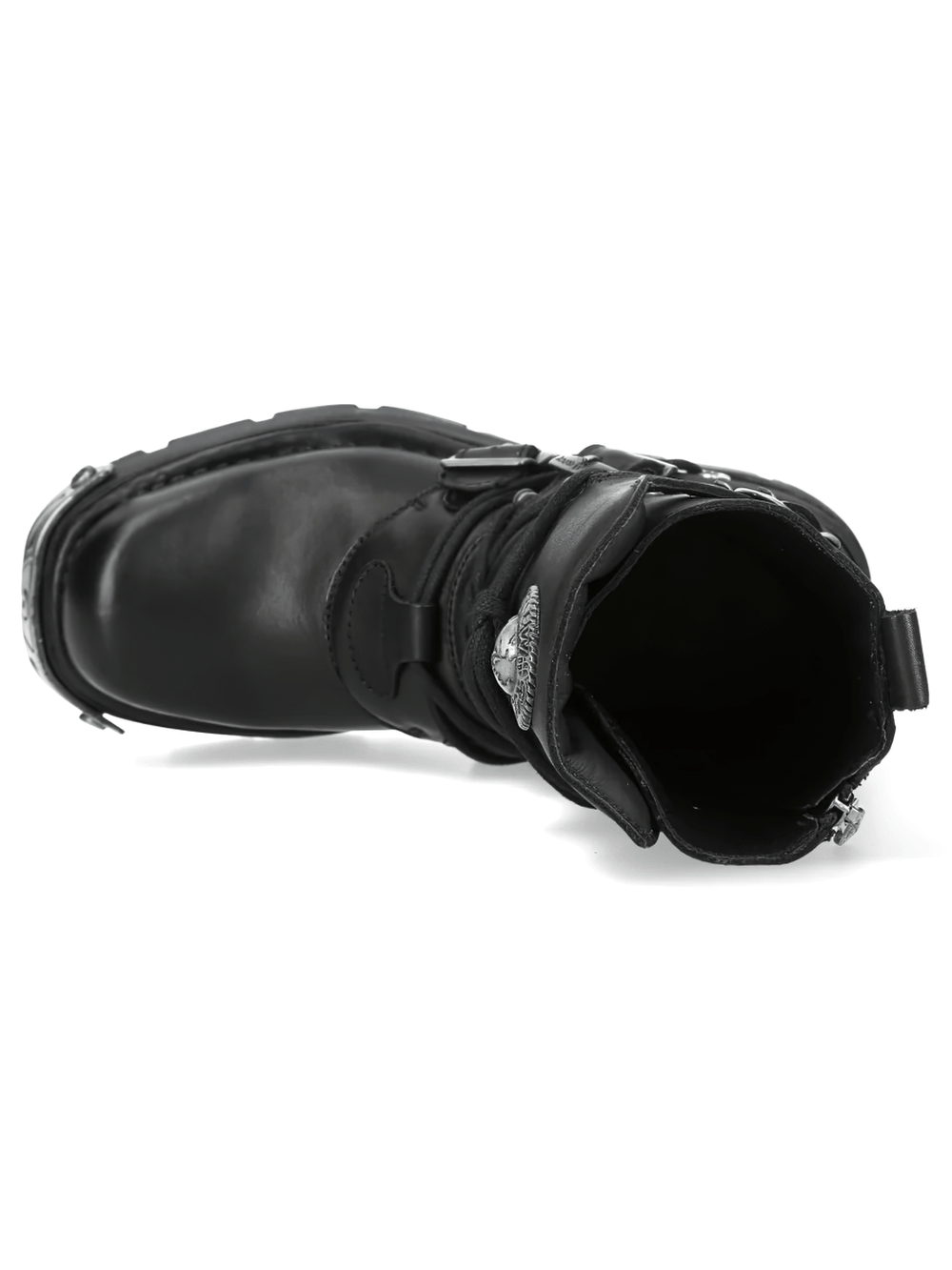 NEW ROCK Women's Boots with Buckle Straps and Side Zipper, black leather mid-calf lace-up boots with chunky sole.