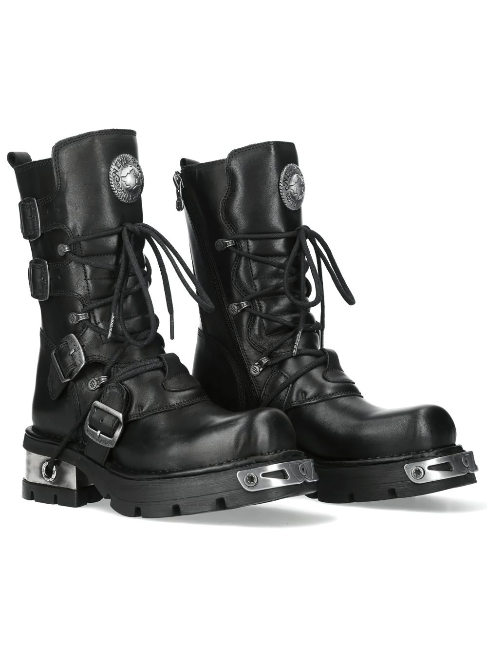NEW ROCK Women's Boots with Buckle Straps and Side Zipper featuring lace-up front and chunky sole.