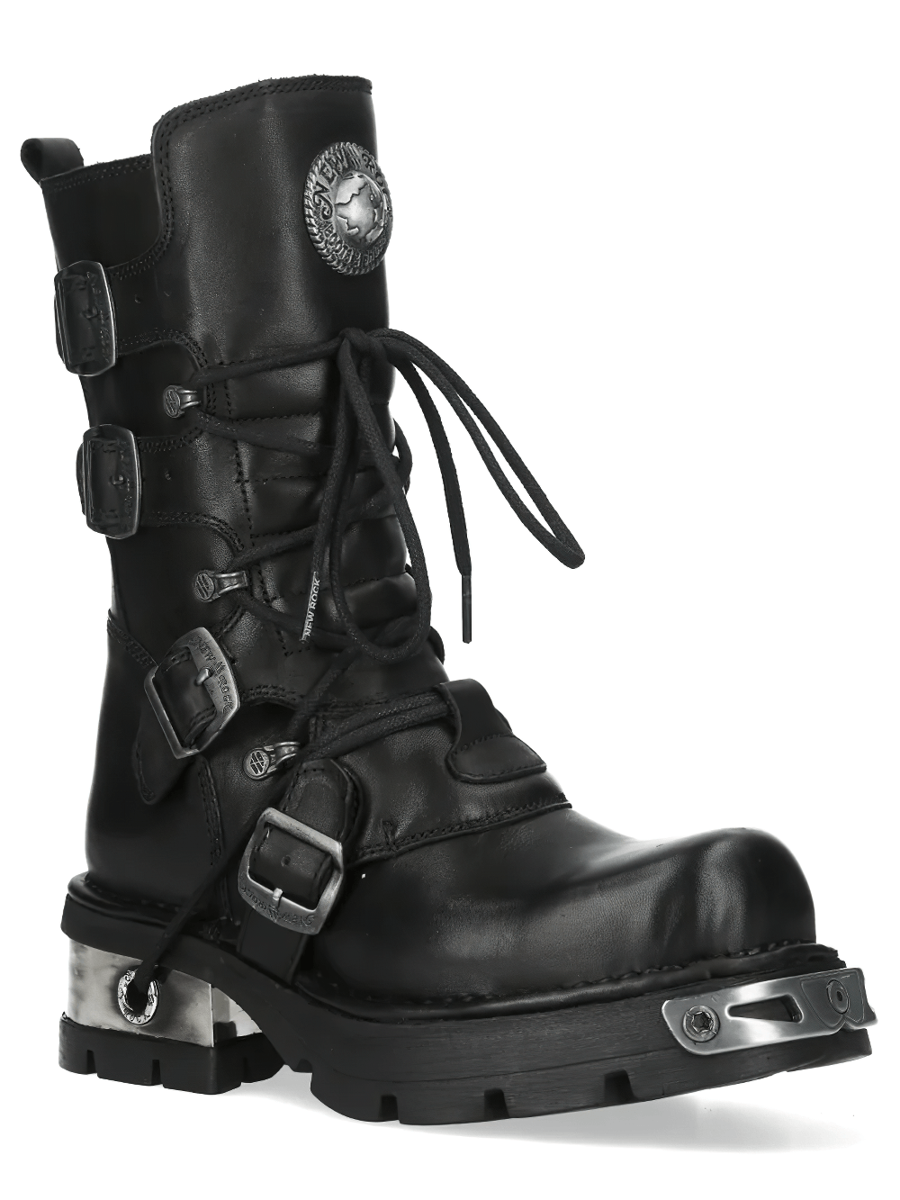 NEW ROCK Women's Boots with Buckle Straps and Side Zipper featuring a chunky sole and lace-up design.