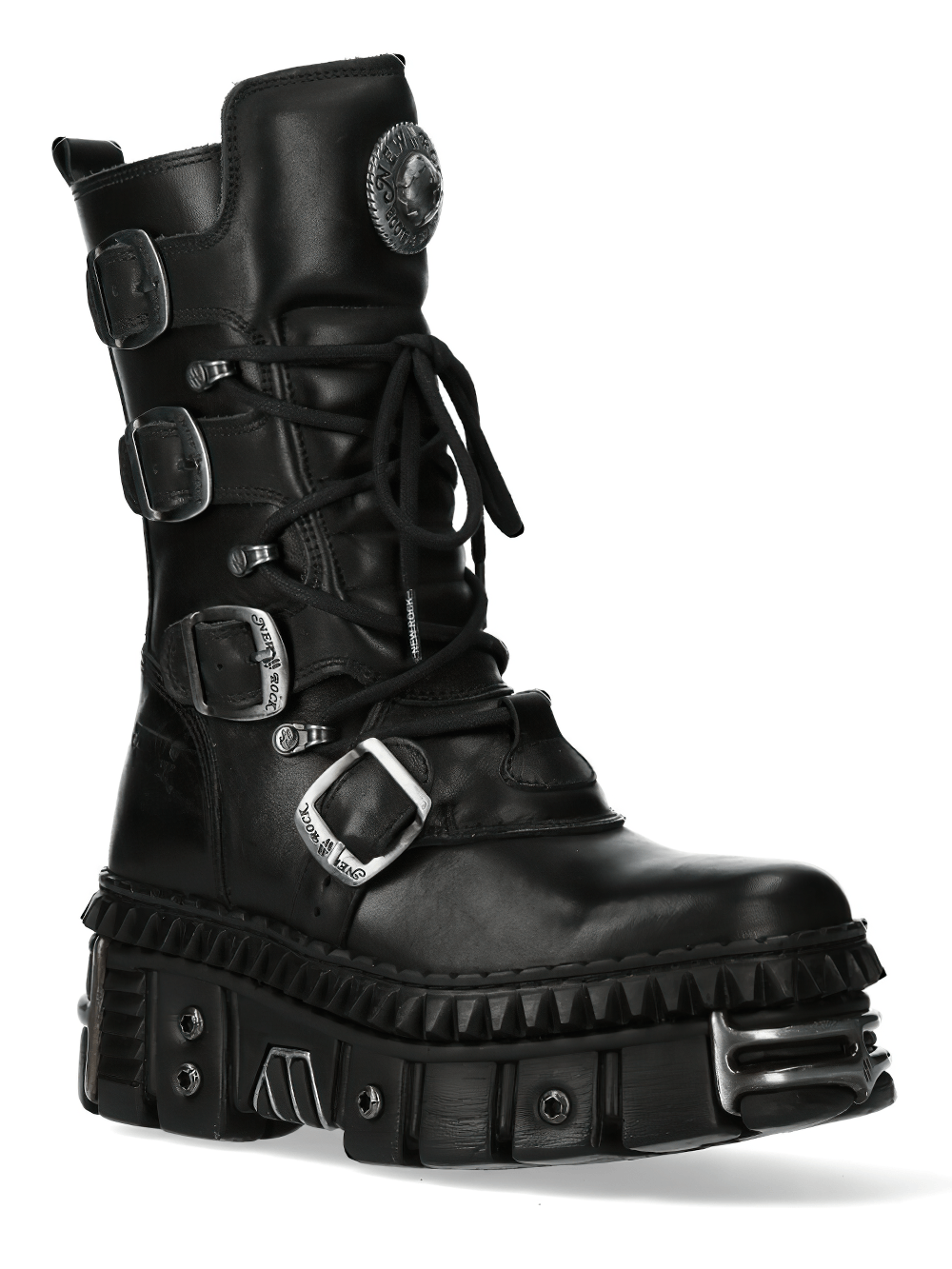 NEW ROCK Women's Boots with Buckles and Heavy Sole Design in black, featuring laces, buckle hardware, and a heavy platform.