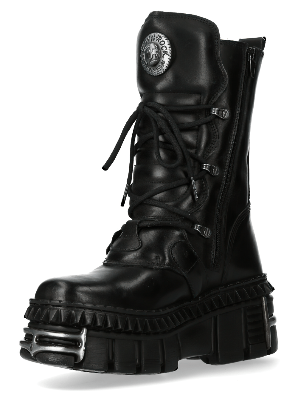 NEW ROCK Women's Boots with Buckles and Heavy Sole Design featuring striking black leather and a rugged platform.