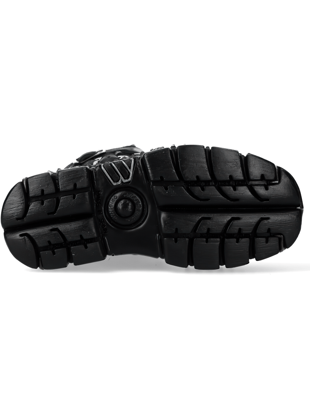 Bottom view of NEW ROCK Women's Boots with Buckles and Heavy Sole Design showing tread and armored profile.