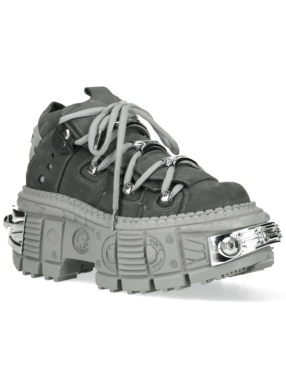 Alt Tag: NEW ROCK Women's Boots with Chrome Plates and Sculpted Sole gray platform ankle boot, lace-up, silver hardware, sculpted tread
