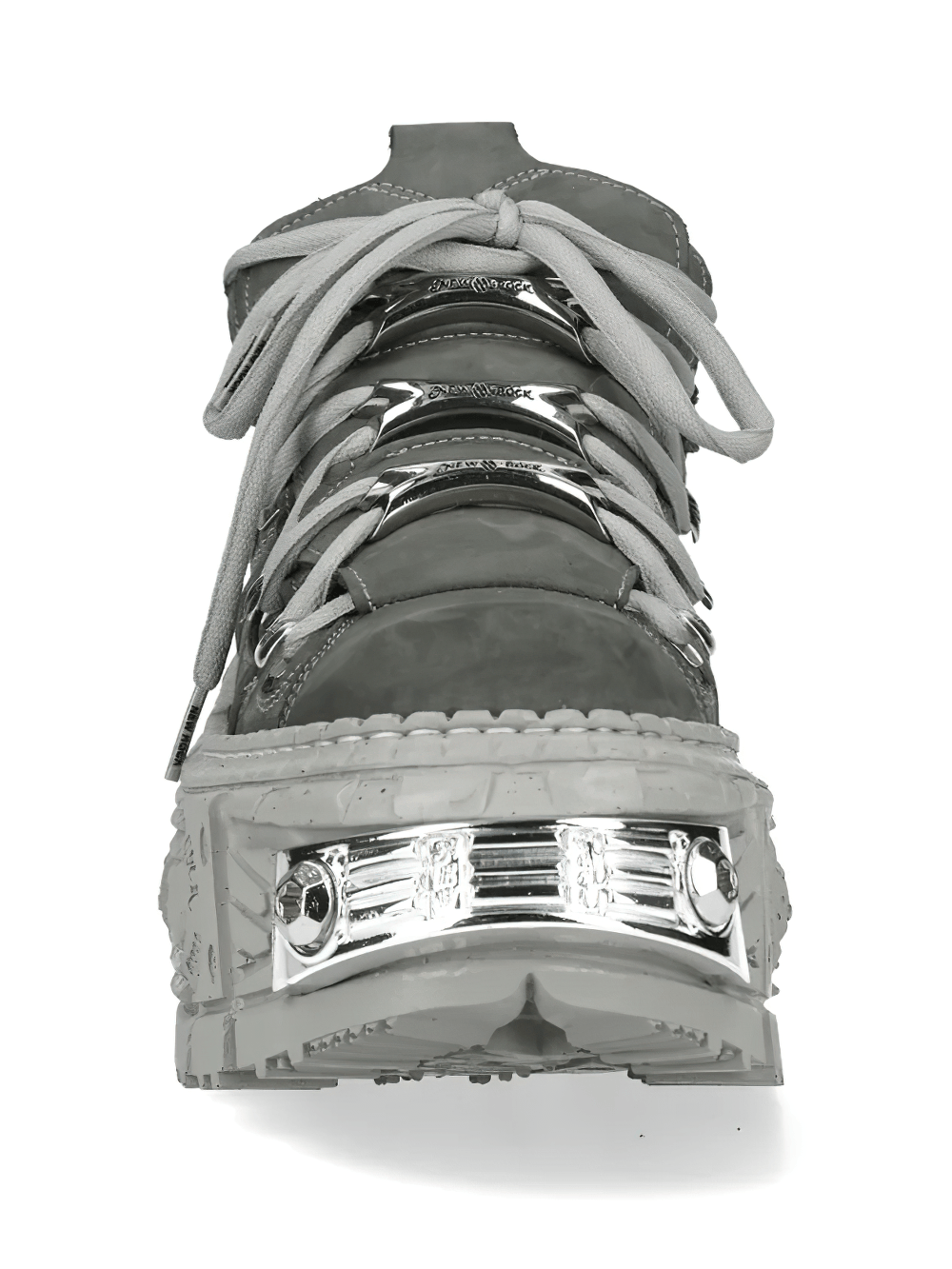 Alt Tag: NEW ROCK Women's Boots with Chrome Plates and Sculpted Sole gray lace-up platform ankle boot, sculpted tread sole, chrome front plates