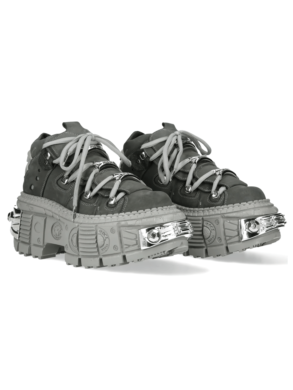 Alt Tag: NEW ROCK Women's Boots with Chrome Plates and Sculpted Sole gray platform ankle boots with lace-up front, sculpted tread sole