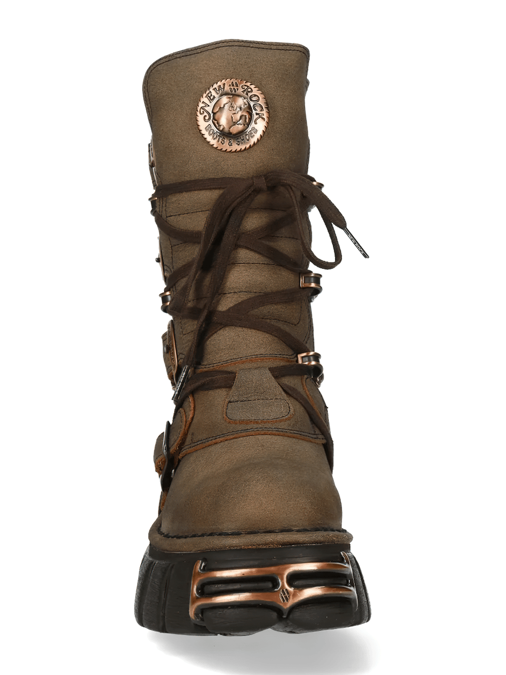 NEW ROCK Women's Brown Boots with Buckles and Laces featuring lace front and side zipper design.