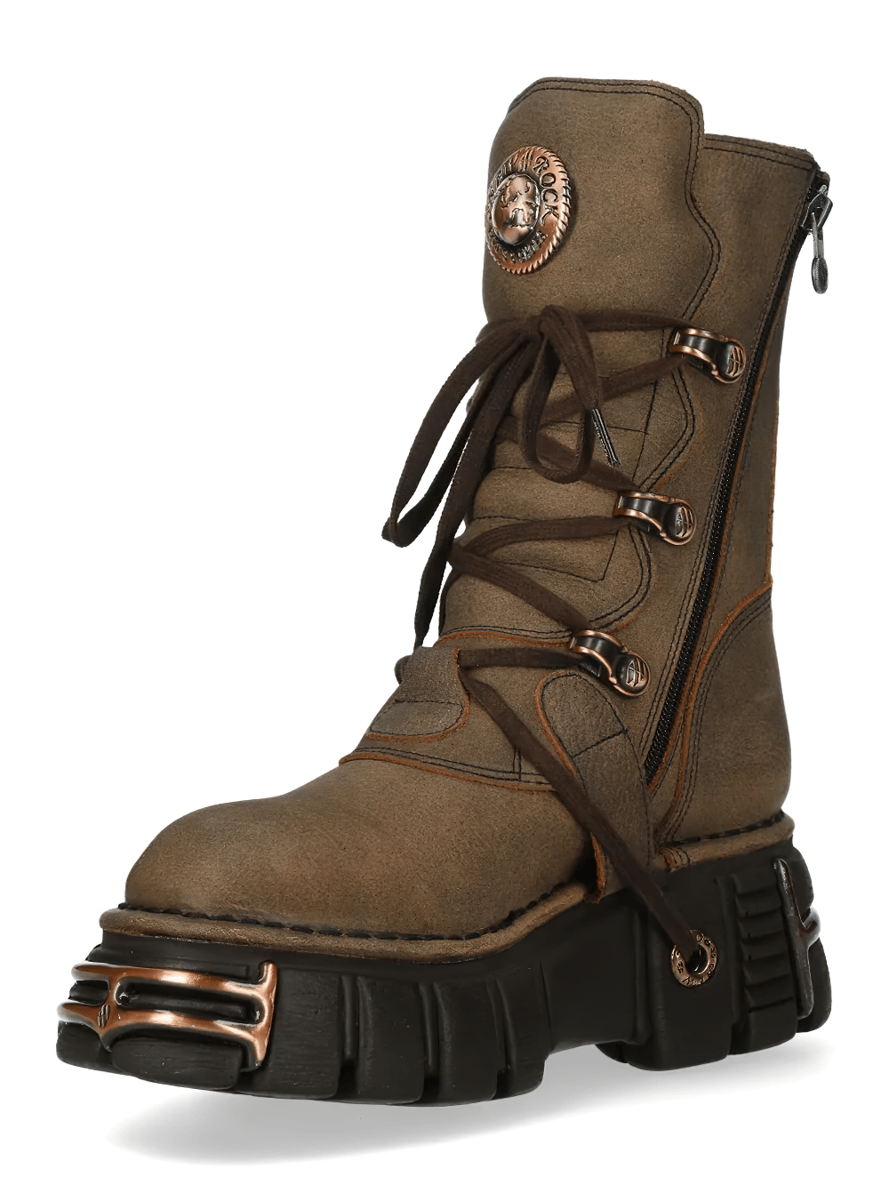 NEW ROCK Women's Brown Boots with Buckles and Laces featuring lace front and side zipper.