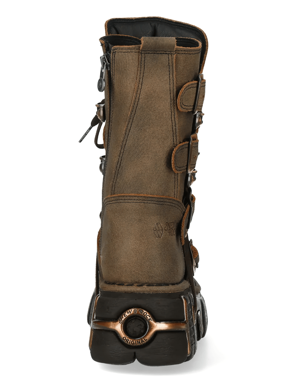 NEW ROCK Women's Brown Boots with Buckles and Laces - Side view showcasing the chunky platform and buckle details.