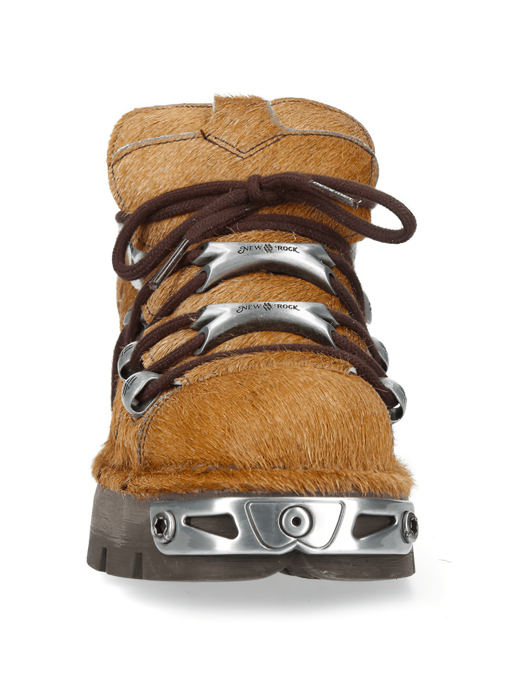 NEW ROCK Women's Brown Low Platform Shoes with Toe Plates featuring cow pattern and metallic flame toe trims.