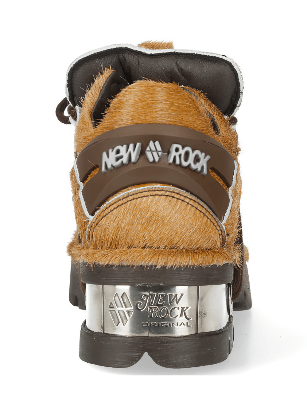 NEW ROCK Women's Brown Low Platform Shoes with Toe Plates back view showcasing cow pattern and metallic details.